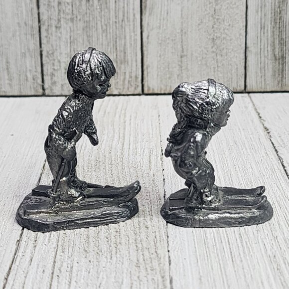 Vintage Ricker Bartlett Pewter Figurines Boy and Girl Skiing 1980's SET - Picture 3 of 9